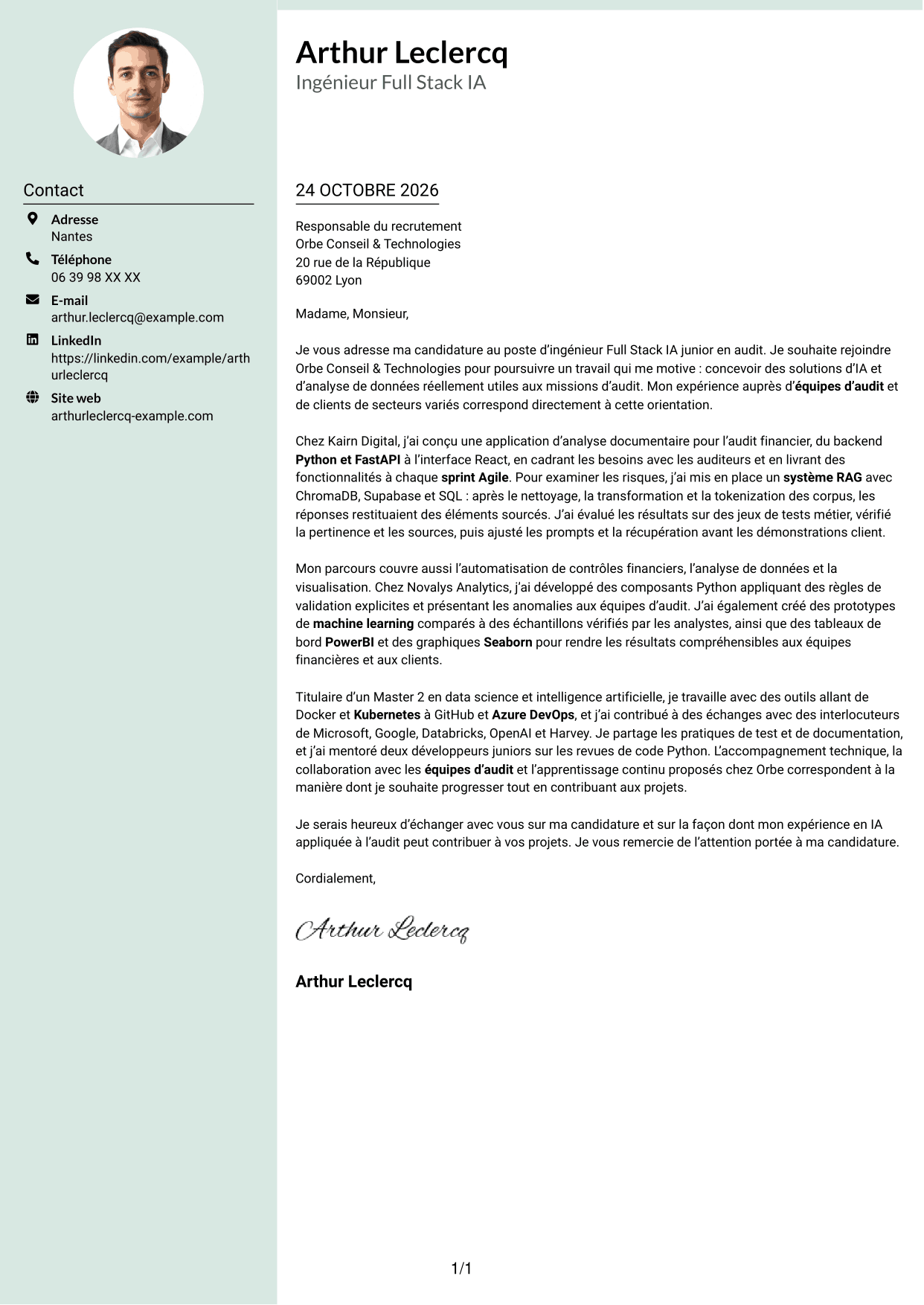 Lettre de motivation Cadre (format à colonne latérale douce avec photo arrondie) : Ingénieur Full Stack IA Junior - Audit, page 1