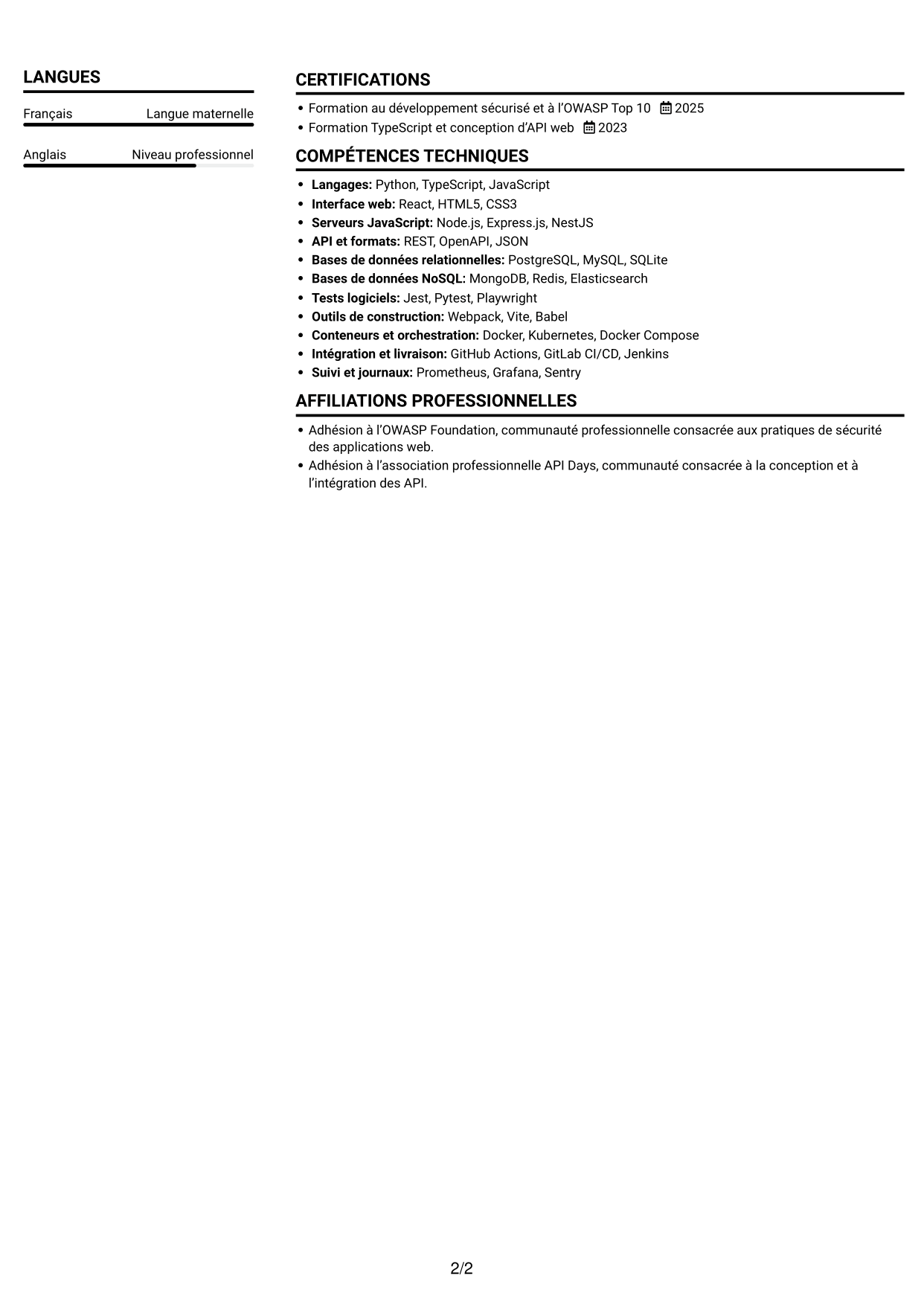 CV Compact (format sobre à deux colonnes avec photo) : Ingénieur Fullstack - Cybersécurité, page 2