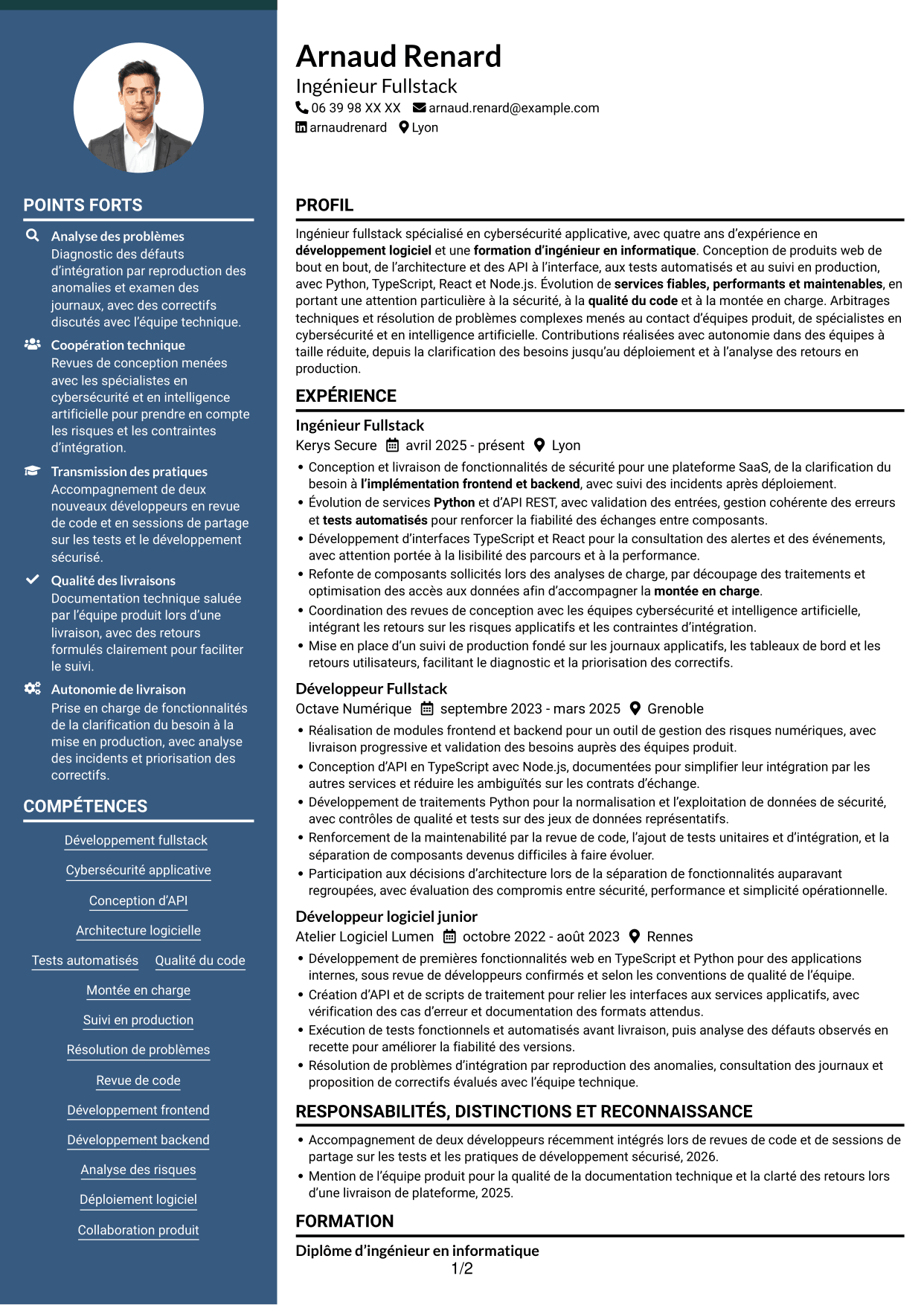 CV Élégant (format à colonne latérale colorée avec photo) : Ingénieur Fullstack - Cybersécurité, page 1
