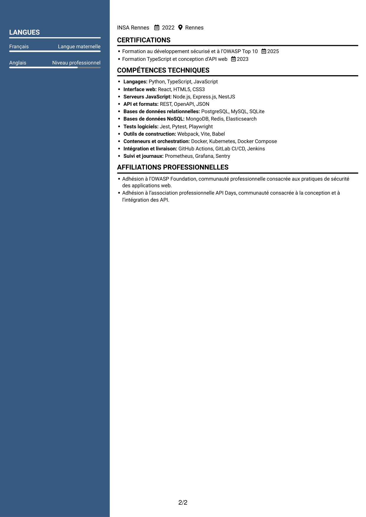 CV Élégant (format à colonne latérale colorée avec photo) : Ingénieur Fullstack - Cybersécurité, page 2