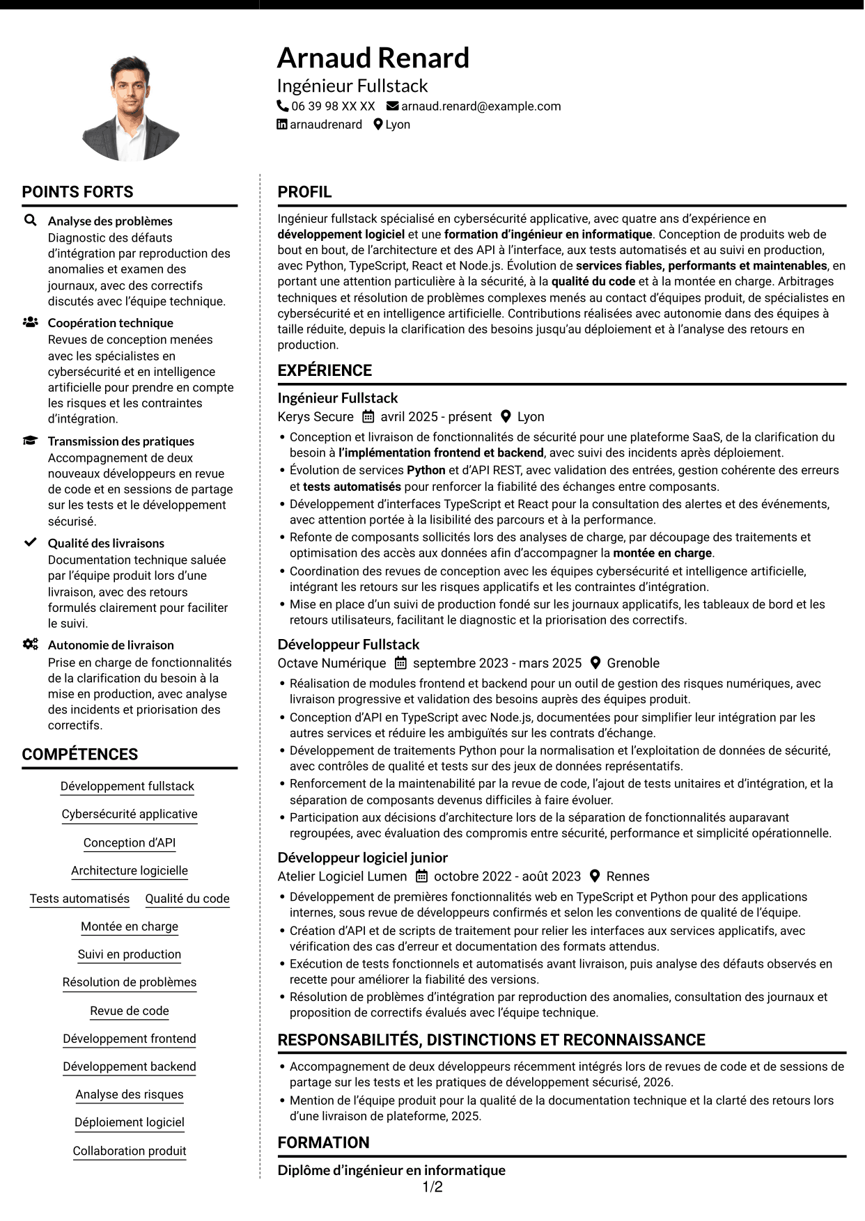 CV Moderne (format à deux colonnes avec photo à gauche et séparateur) : Ingénieur Fullstack - Cybersécurité, page 1