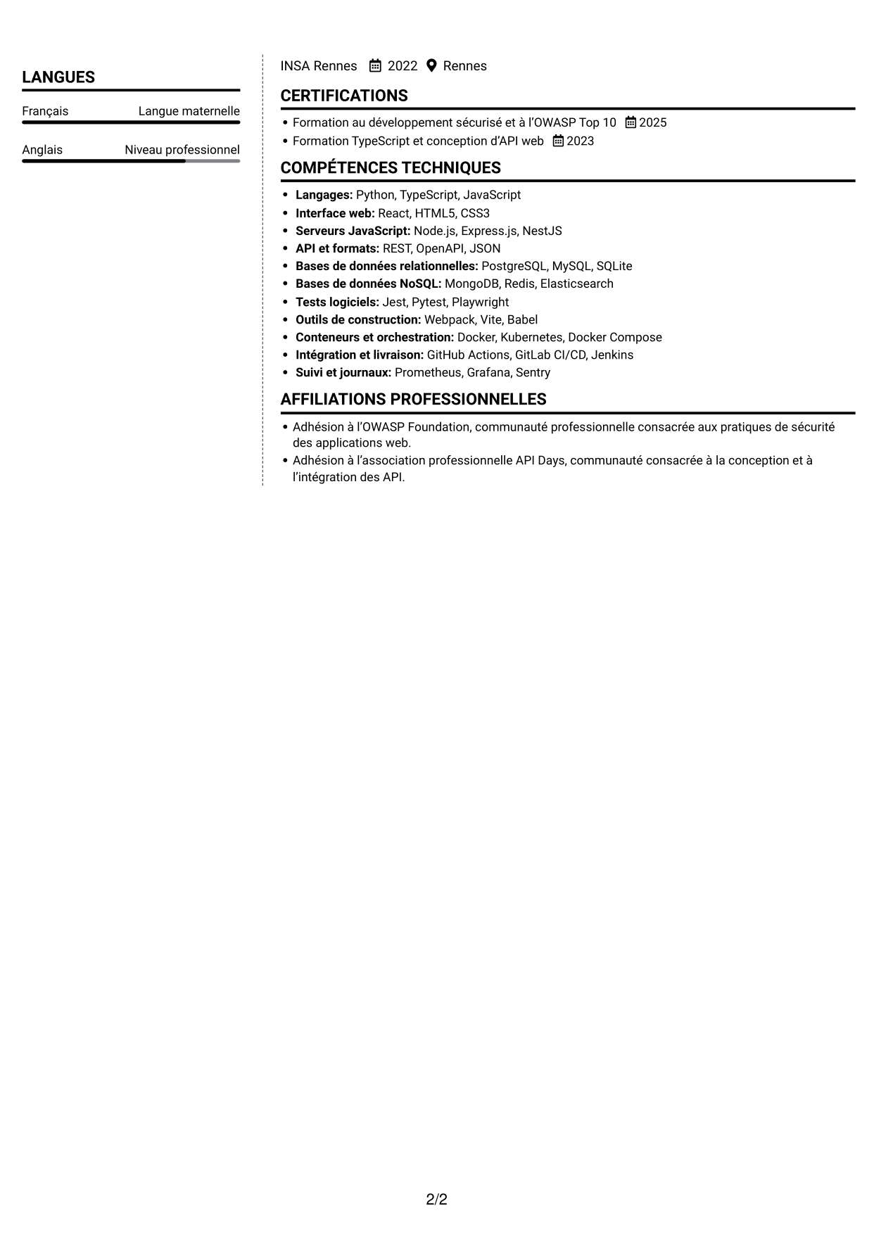 CV Moderne (format à deux colonnes avec photo à gauche et séparateur) : Ingénieur Fullstack - Cybersécurité, page 2