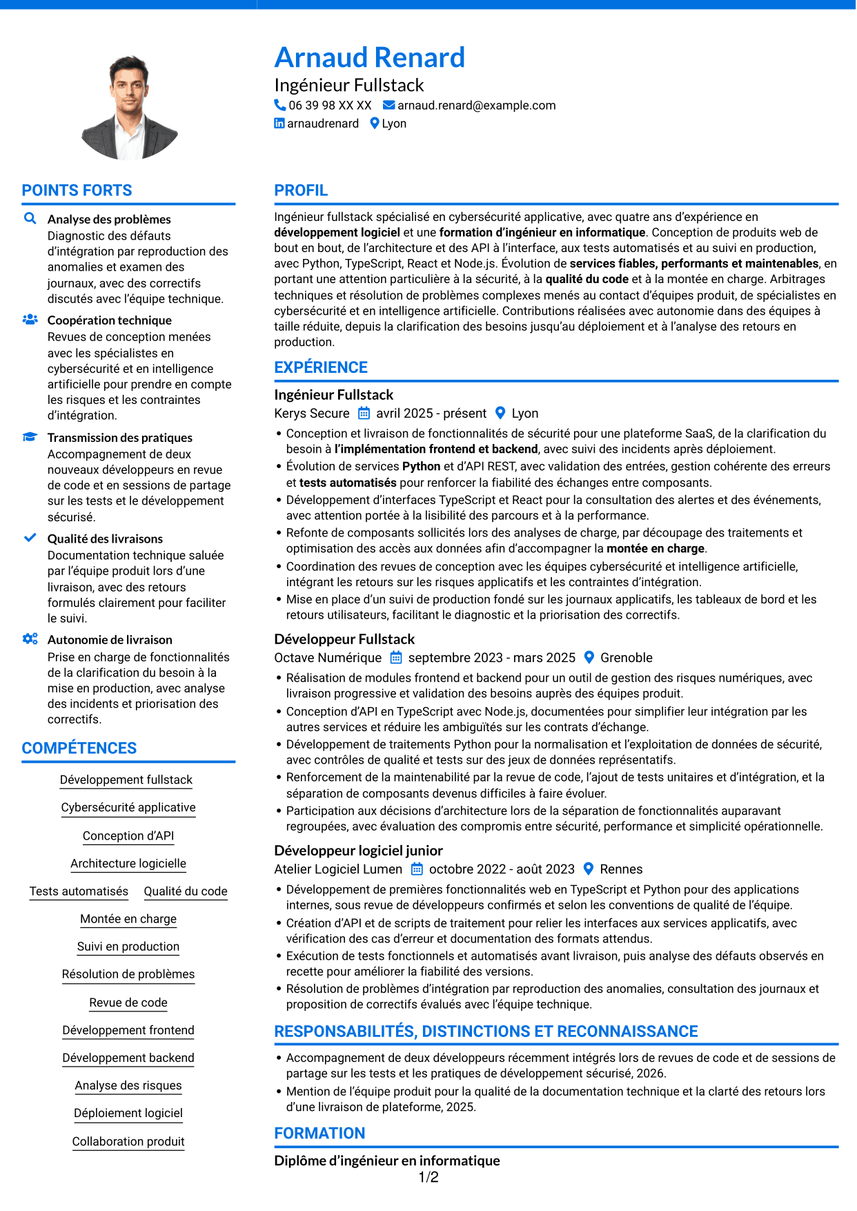 CV Audacieux (format à deux colonnes avec accents colorés et photo) : Ingénieur Fullstack - Cybersécurité, page 1