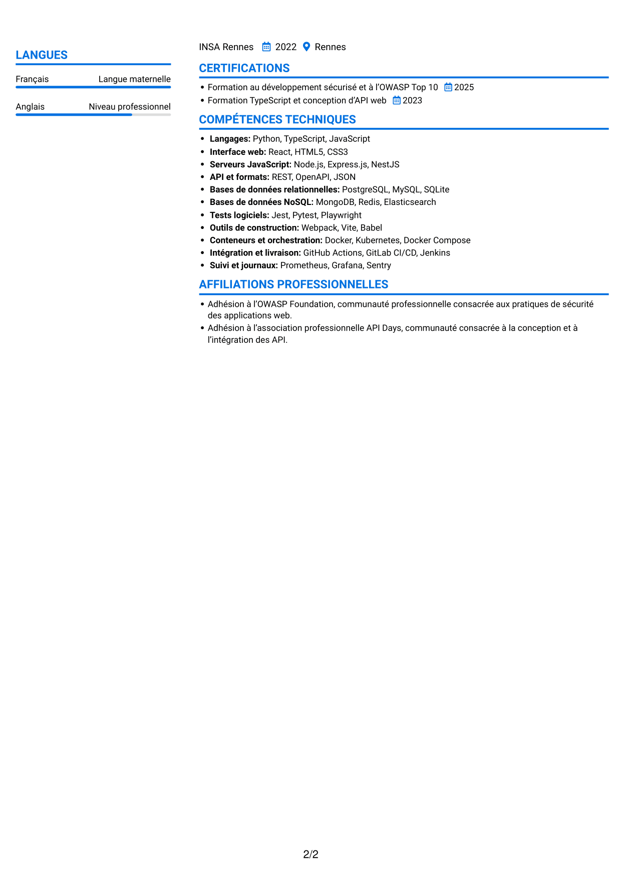 CV Audacieux (format à deux colonnes avec accents colorés et photo) : Ingénieur Fullstack - Cybersécurité, page 2