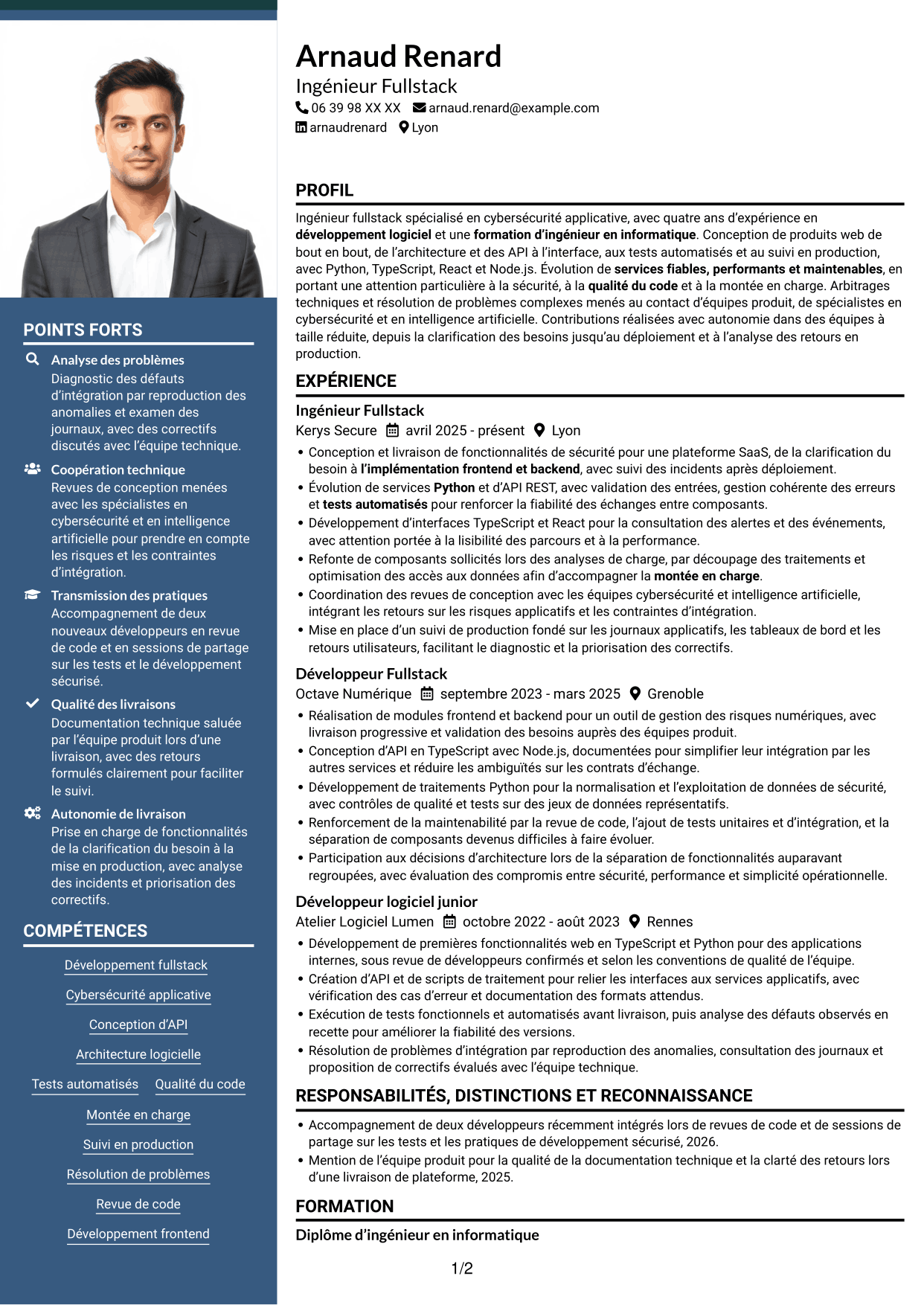 CV Signature (format à colonne latérale colorée avec grande photo) : Ingénieur Fullstack - Cybersécurité, page 1