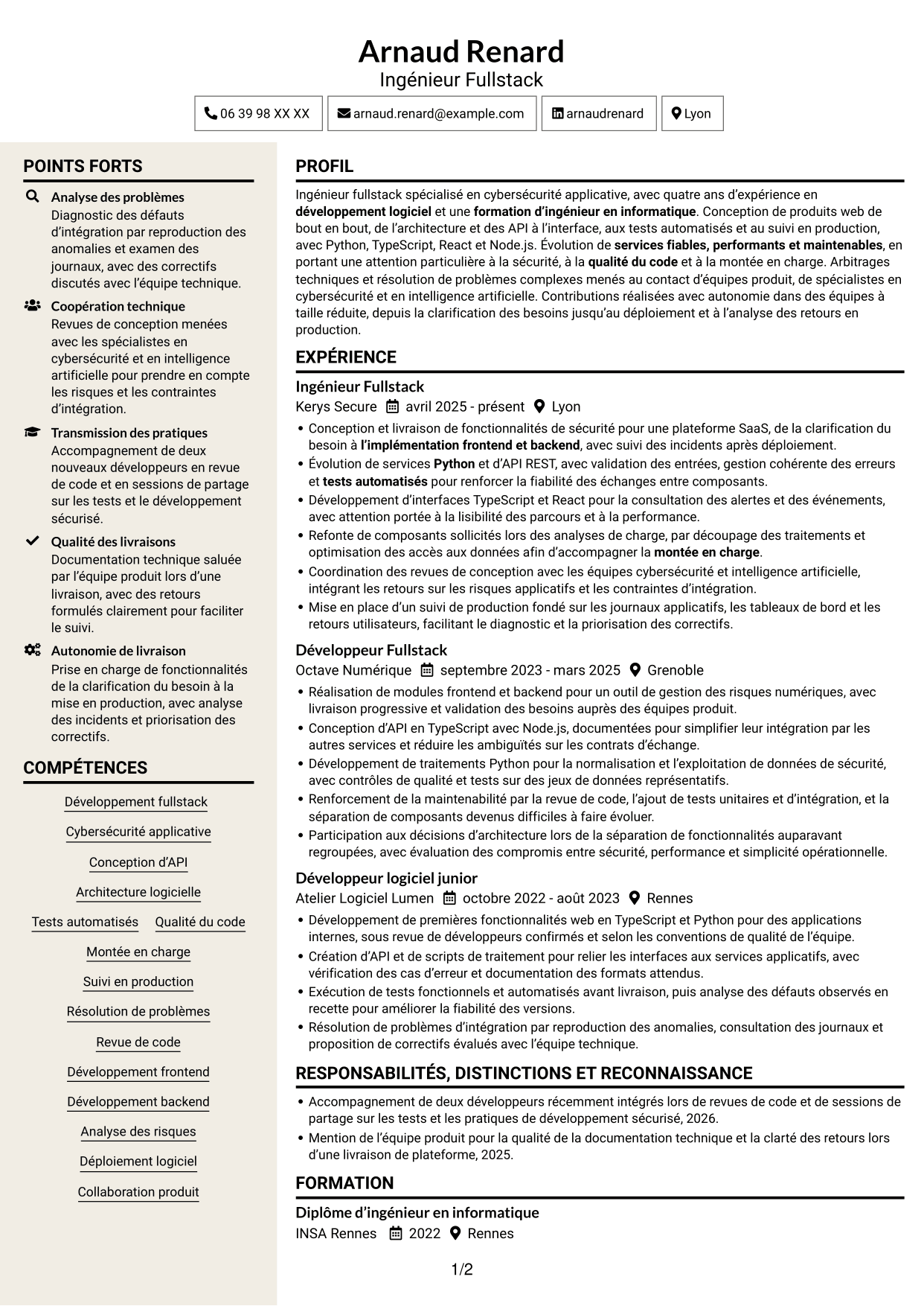 CV Fonceur (format à deux colonnes avec en-tête centré sans photo) : Ingénieur Fullstack - Cybersécurité, page 1