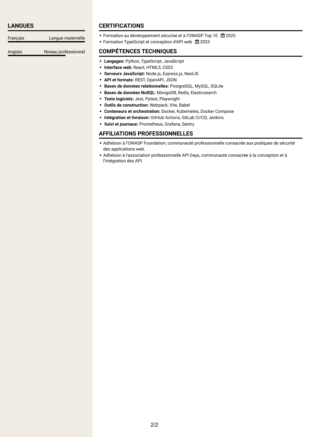 CV Fonceur (format à deux colonnes avec en-tête centré sans photo) : Ingénieur Fullstack - Cybersécurité, page 2
