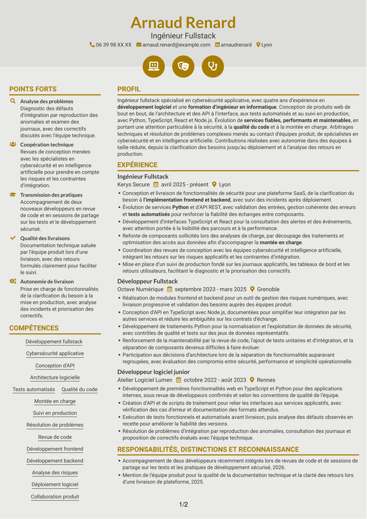 CV Dynamique (format à deux colonnes avec icônes) : Ingénieur Fullstack - Cybersécurité, page 1