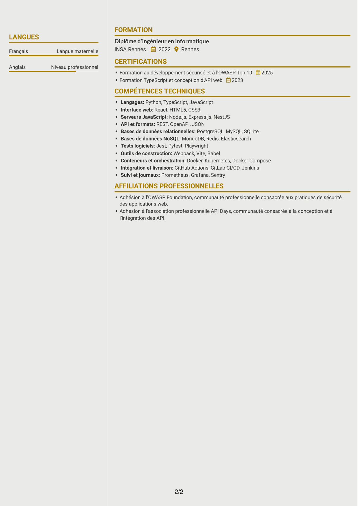 CV Dynamique (format à deux colonnes avec icônes) : Ingénieur Fullstack - Cybersécurité, page 2