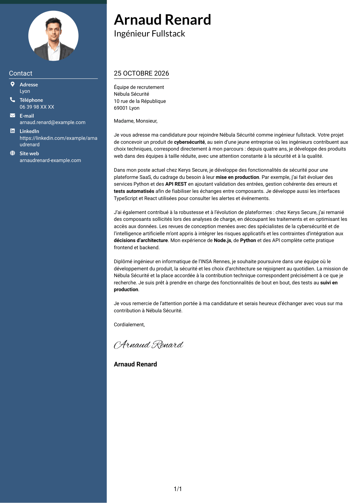 Lettre de motivation Élégant (format à colonne latérale colorée avec photo) : Ingénieur Fullstack - Cybersécurité, page 1