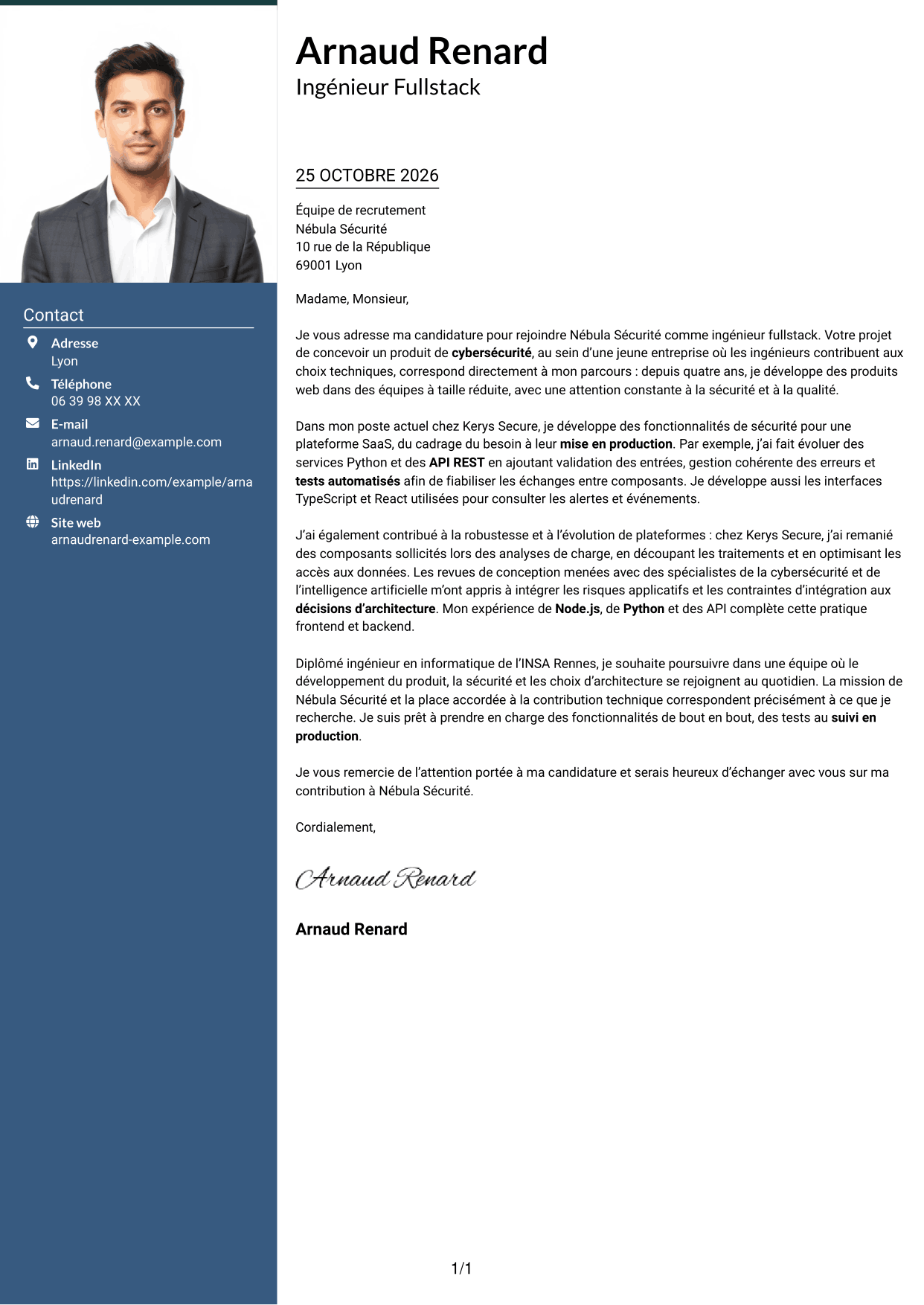 Lettre de motivation Signature (format à colonne latérale colorée avec grande photo) : Ingénieur Fullstack - Cybersécurité, page 1