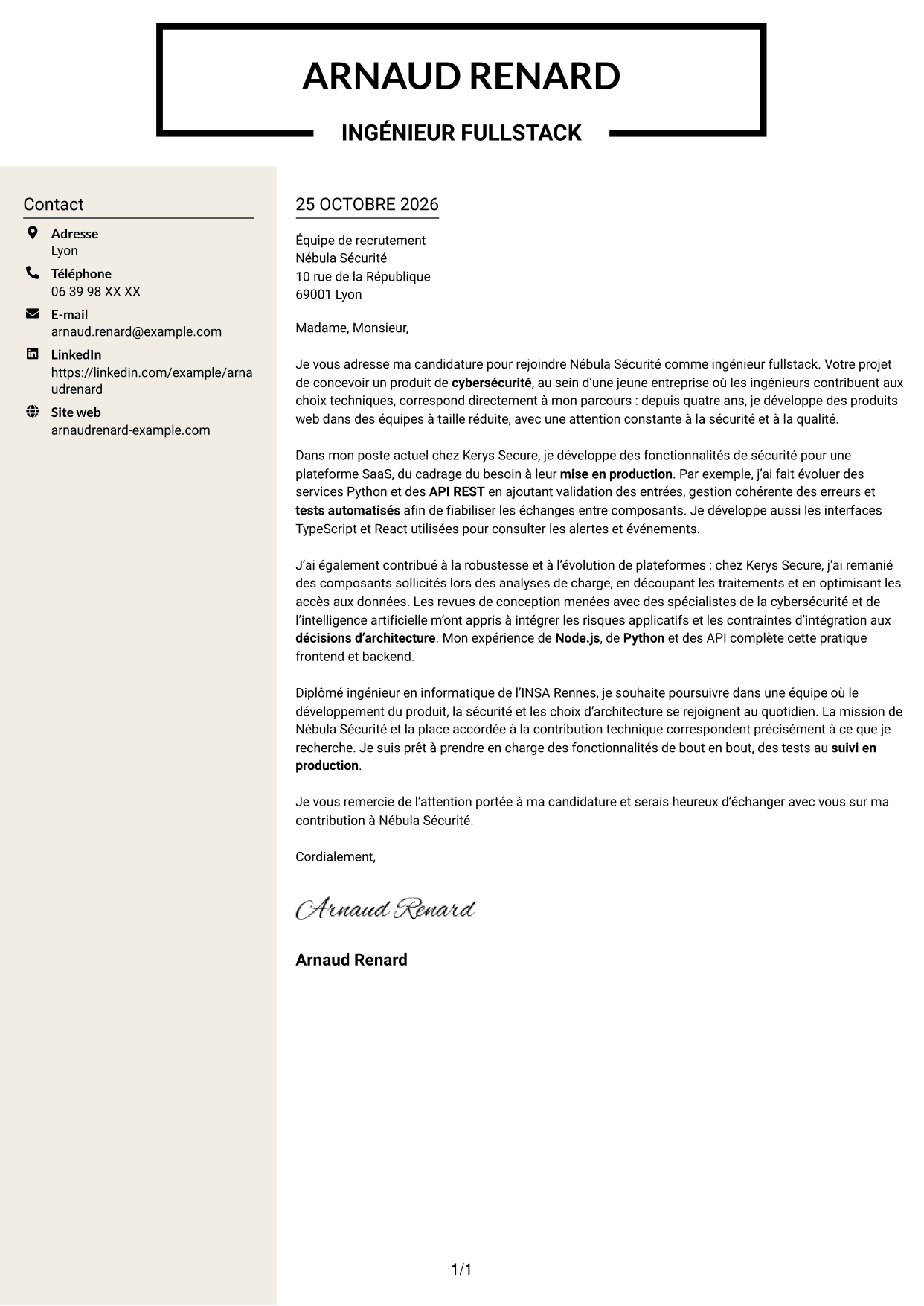 Lettre de motivation Fonceur (format à deux colonnes avec en-tête centré sans photo) : Ingénieur Fullstack - Cybersécurité, page 1