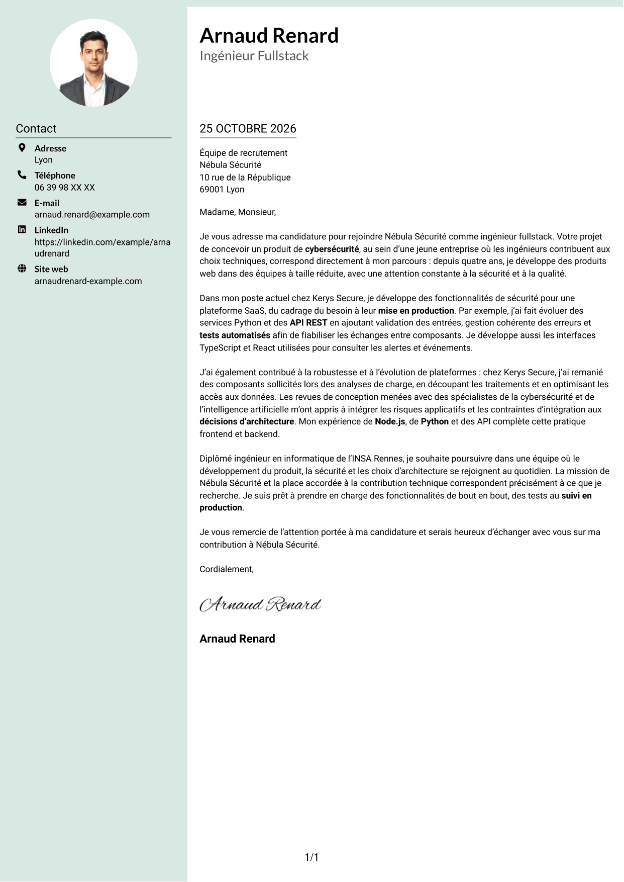 Lettre de motivation Cadre (format à colonne latérale douce avec photo arrondie) : Ingénieur Fullstack - Cybersécurité, page 1