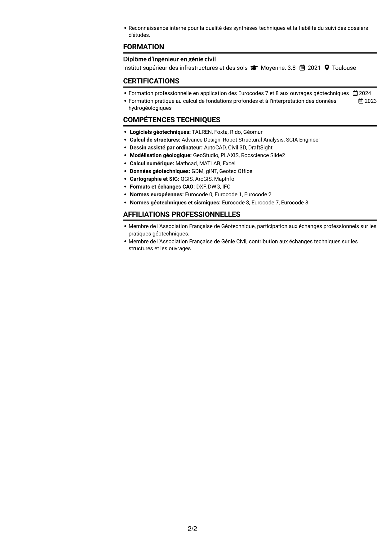 CV Compact (format sobre à deux colonnes avec photo) : Ingénieur géotechnicien - Calcul et modélisation géotechniques, page 2