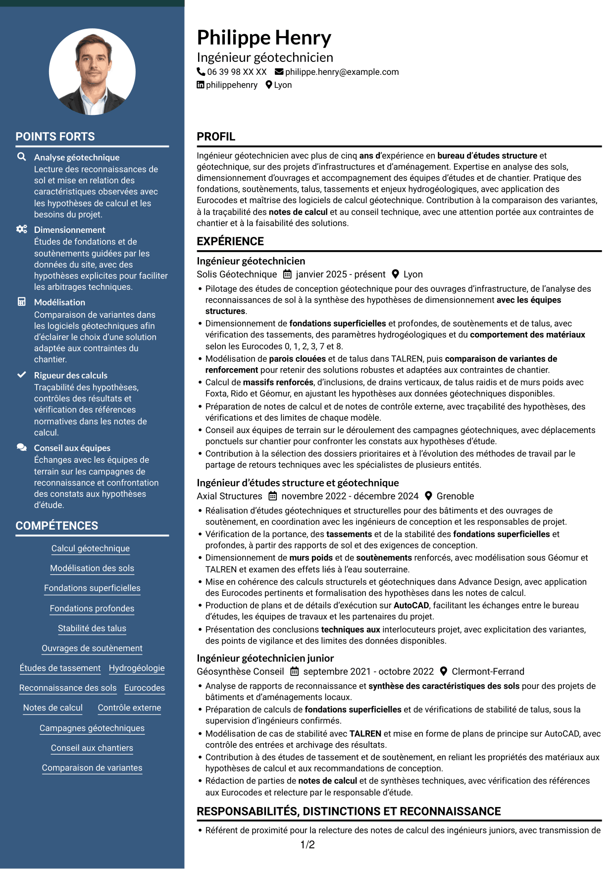CV Élégant (format à colonne latérale colorée avec photo) : Ingénieur géotechnicien - Calcul et modélisation géotechniques, page 1
