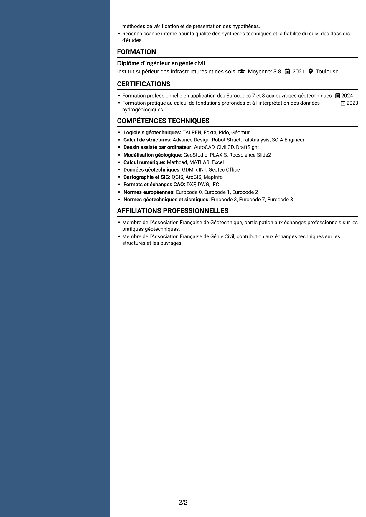 CV Élégant (format à colonne latérale colorée avec photo) : Ingénieur géotechnicien - Calcul et modélisation géotechniques, page 2