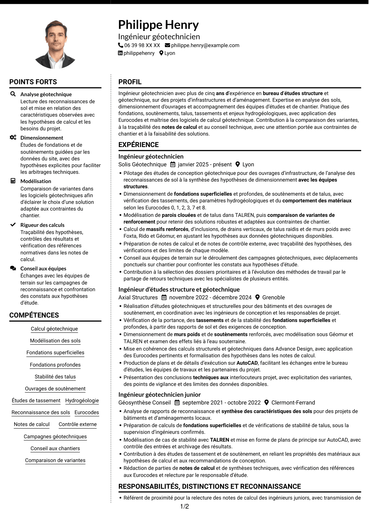 CV Moderne (format à deux colonnes avec photo à gauche et séparateur) : Ingénieur géotechnicien - Calcul et modélisation géotechniques, page 1
