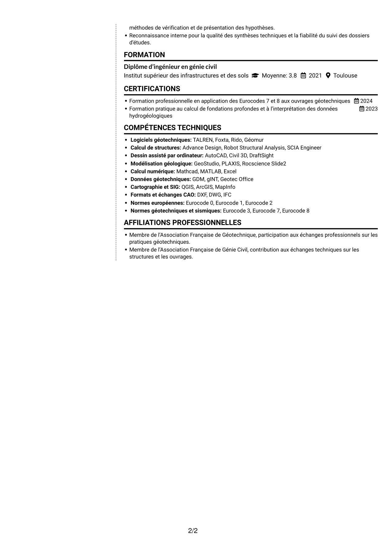 CV Moderne (format à deux colonnes avec photo à gauche et séparateur) : Ingénieur géotechnicien - Calcul et modélisation géotechniques, page 2