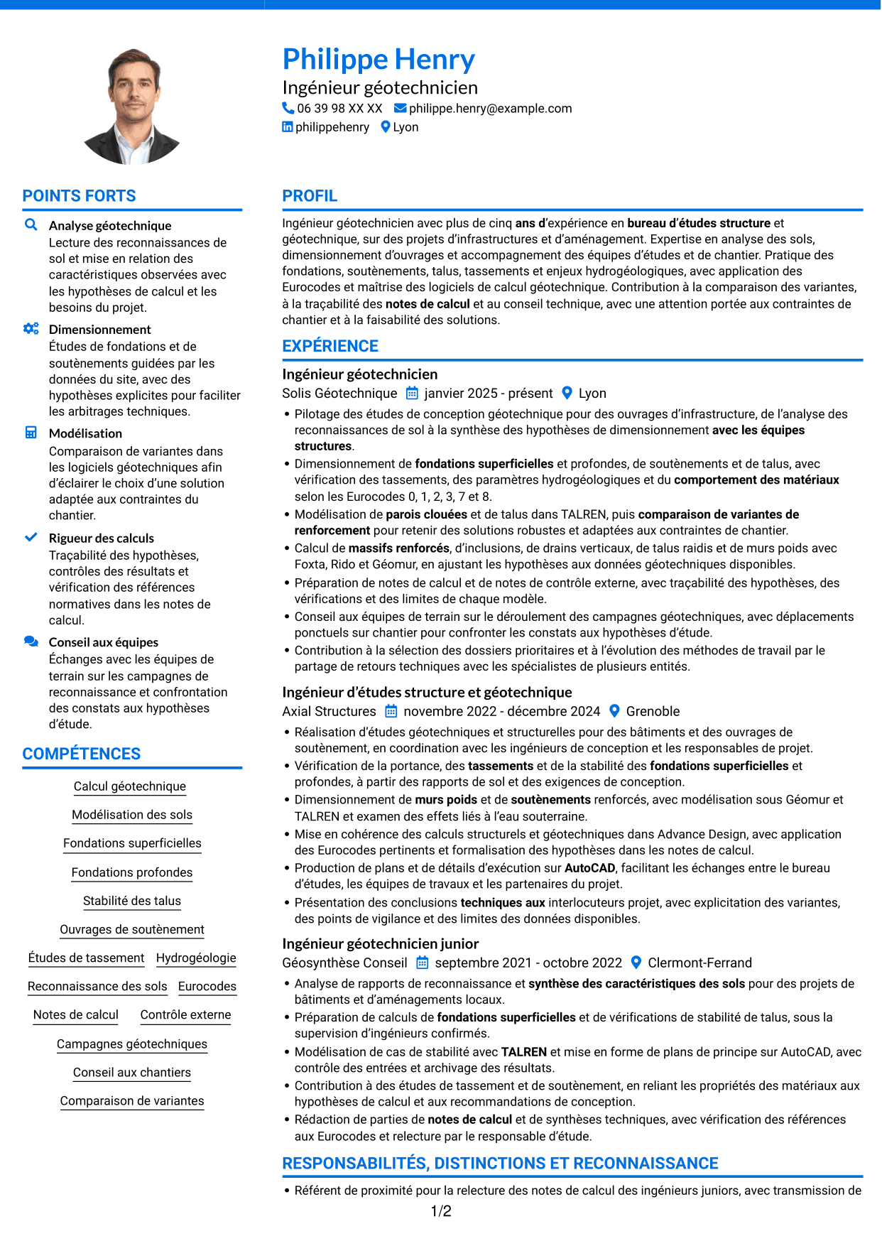 CV Audacieux (format à deux colonnes avec accents colorés et photo) : Ingénieur géotechnicien - Calcul et modélisation géotechniques, page 1