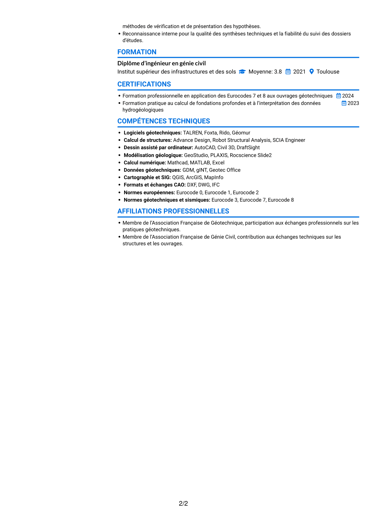 CV Audacieux (format à deux colonnes avec accents colorés et photo) : Ingénieur géotechnicien - Calcul et modélisation géotechniques, page 2