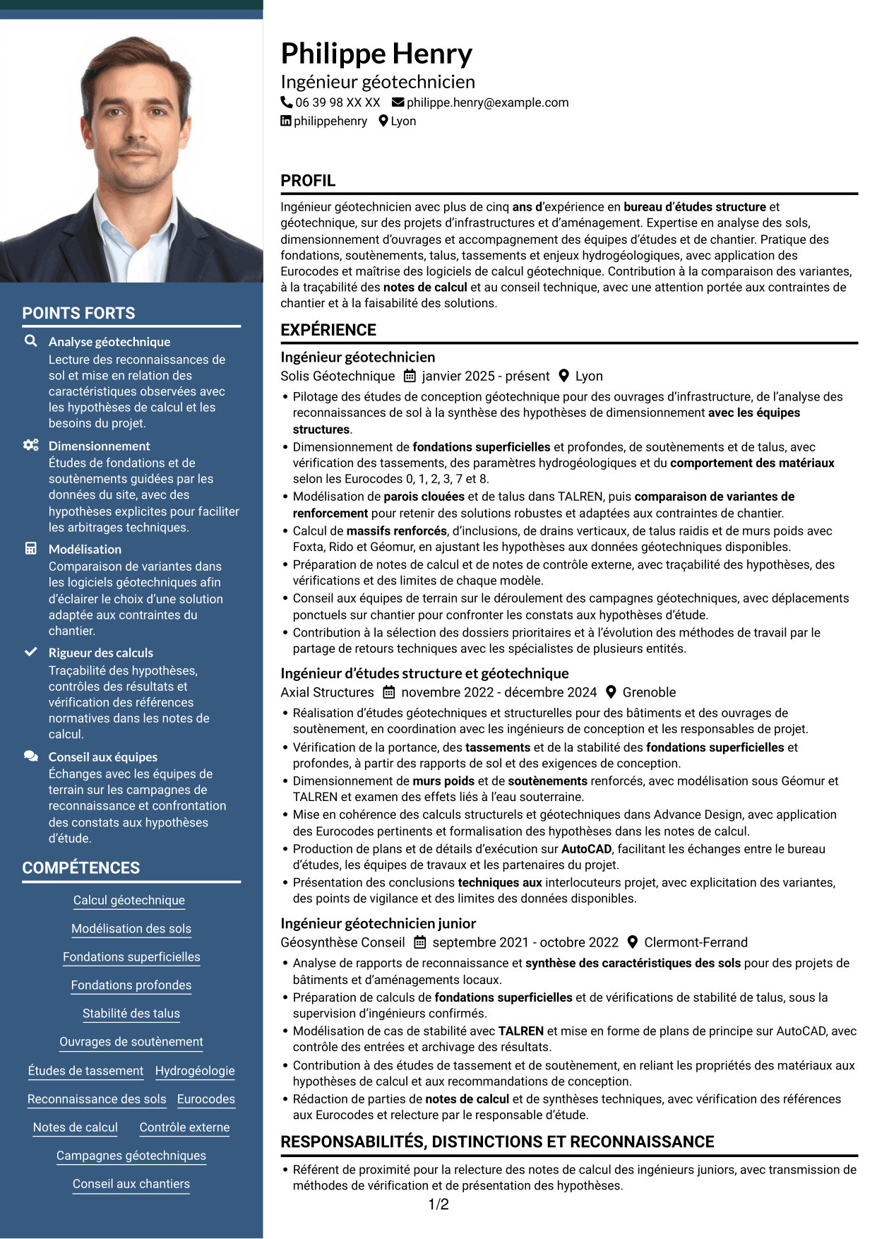 CV Signature (format à colonne latérale colorée avec grande photo) : Ingénieur géotechnicien - Calcul et modélisation géotechniques, page 1