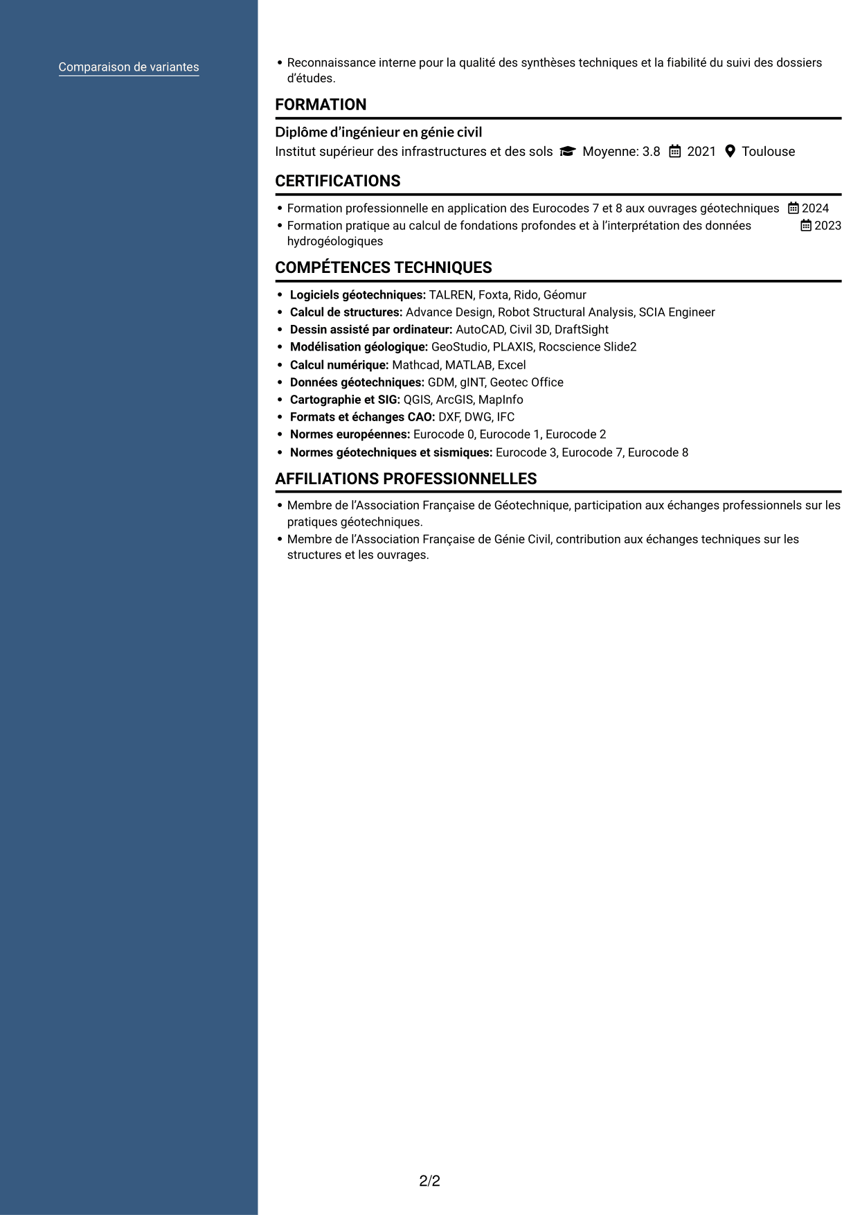 CV Signature (format à colonne latérale colorée avec grande photo) : Ingénieur géotechnicien - Calcul et modélisation géotechniques, page 2