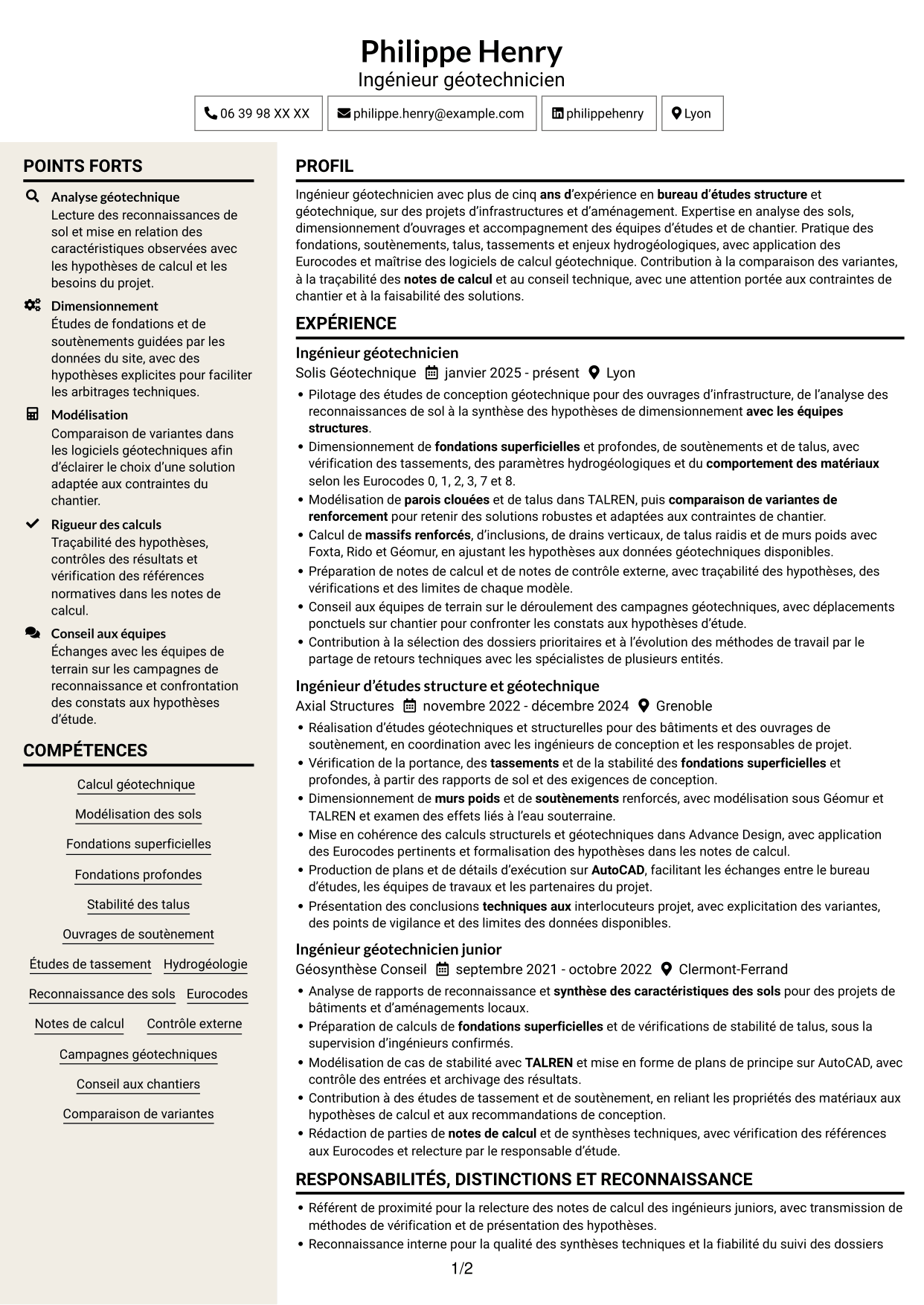 CV Fonceur (format à deux colonnes avec en-tête centré sans photo) : Ingénieur géotechnicien - Calcul et modélisation géotechniques, page 1
