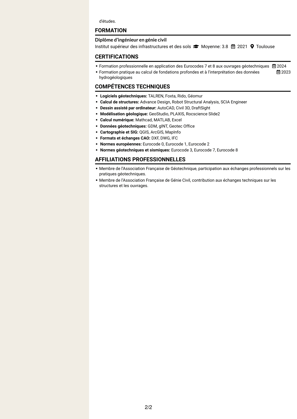 CV Fonceur (format à deux colonnes avec en-tête centré sans photo) : Ingénieur géotechnicien - Calcul et modélisation géotechniques, page 2