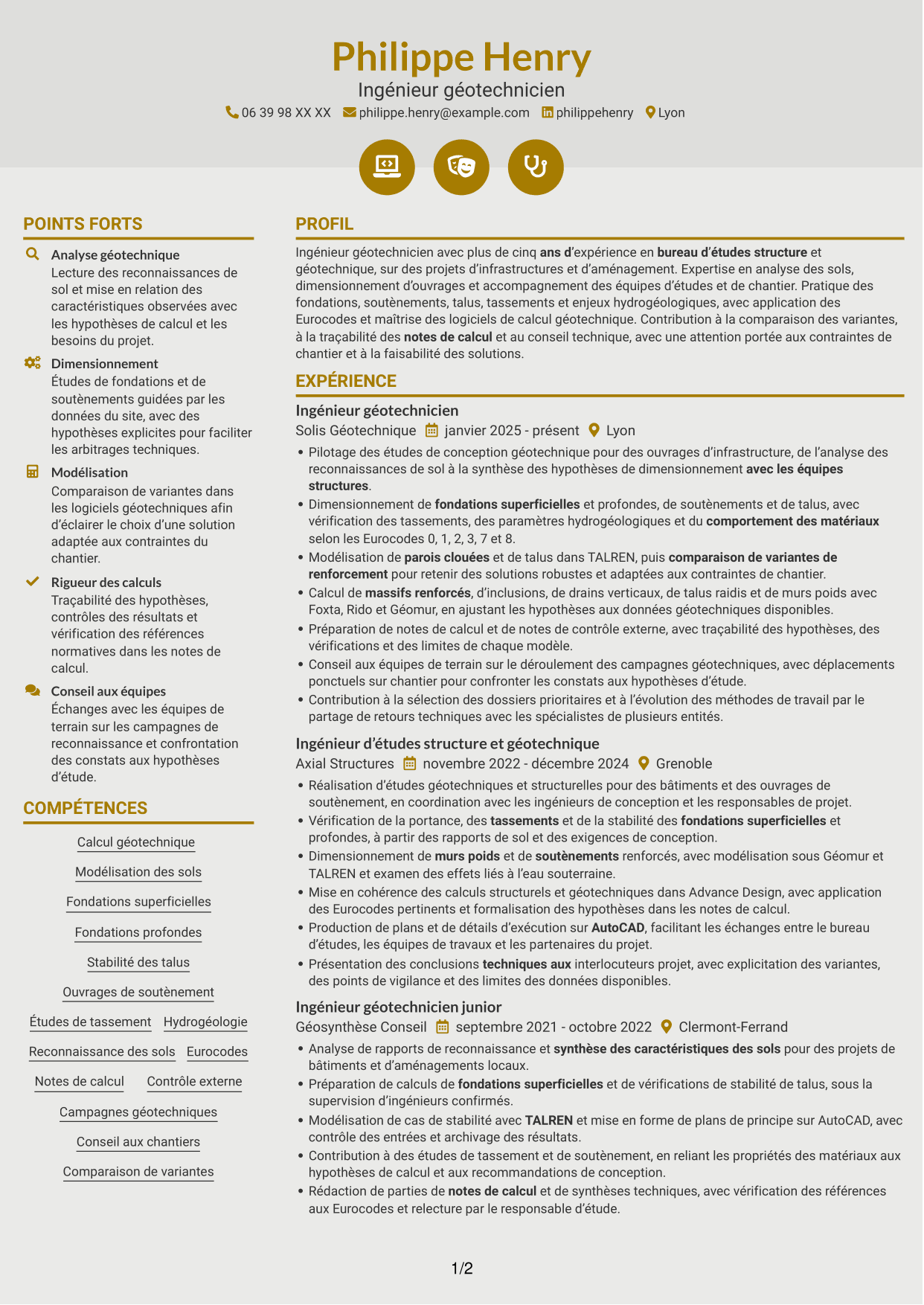 CV Dynamique (format à deux colonnes avec icônes) : Ingénieur géotechnicien - Calcul et modélisation géotechniques, page 1