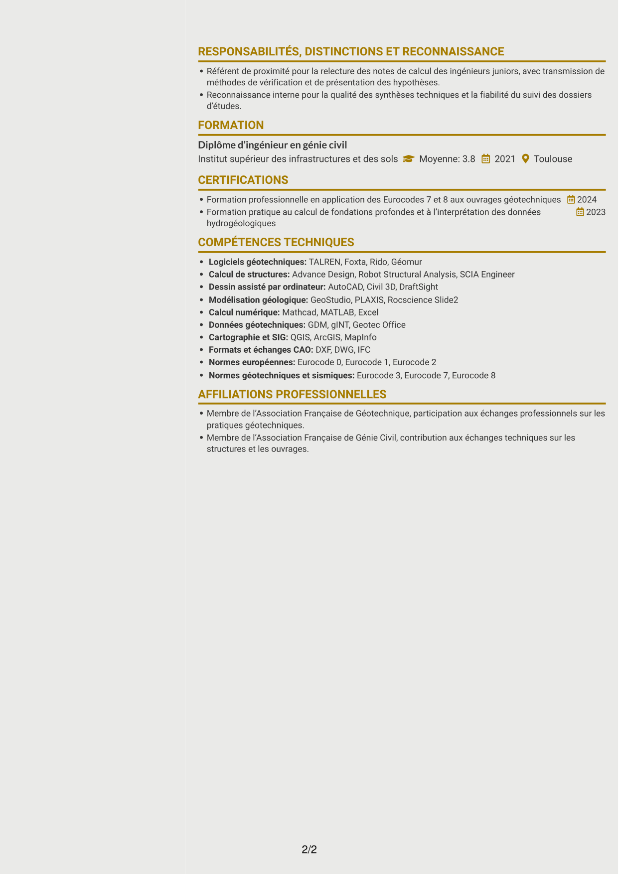 CV Dynamique (format à deux colonnes avec icônes) : Ingénieur géotechnicien - Calcul et modélisation géotechniques, page 2