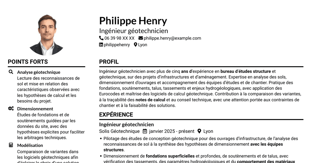 7 modèles de CV pour Ingénieur géotechnicien - Calcul et modélisation géotechniques, avec exemples