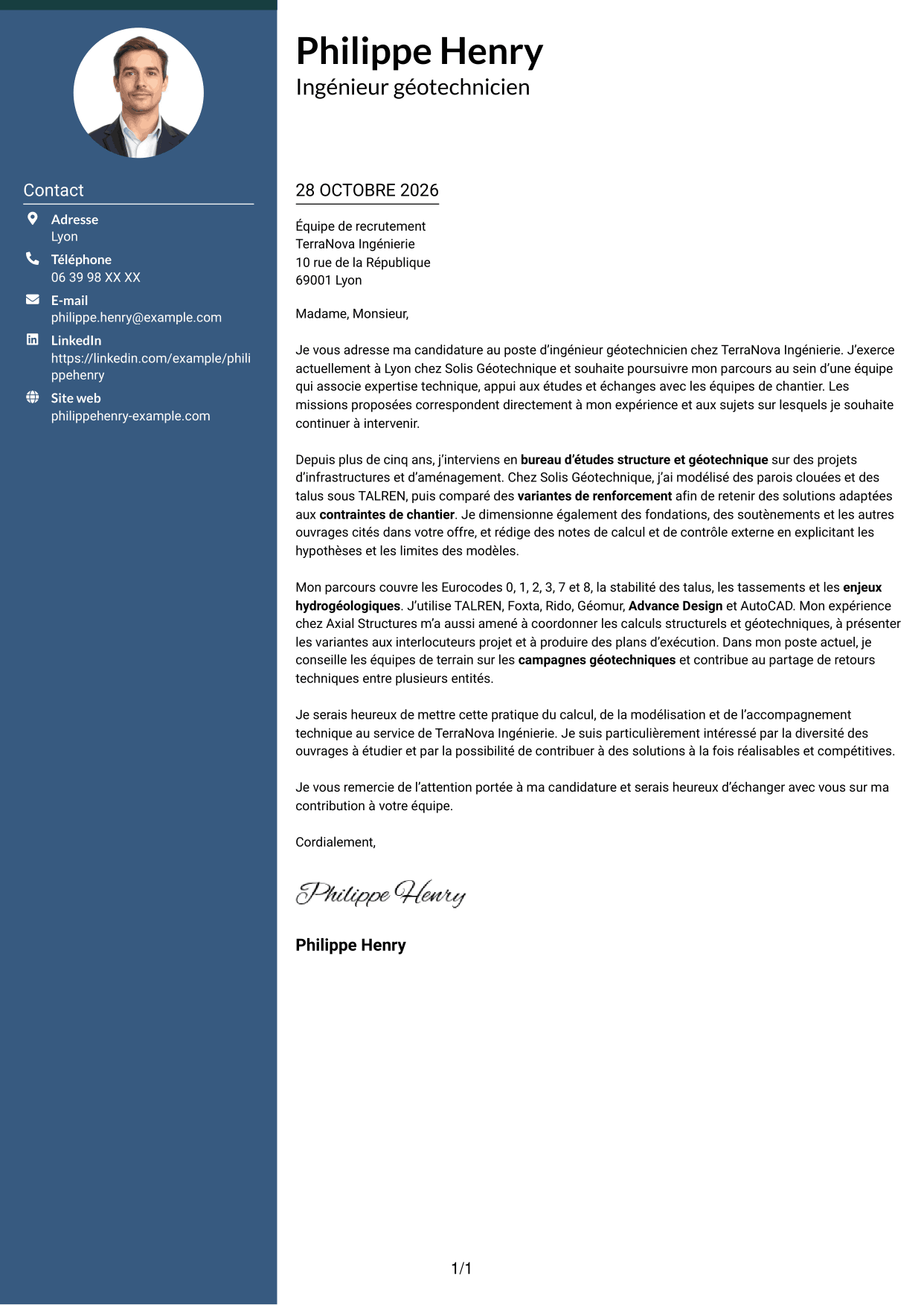 Lettre de motivation Élégant (format à colonne latérale colorée avec photo) : Ingénieur géotechnicien - Calcul et modélisation géotechniques, page 1