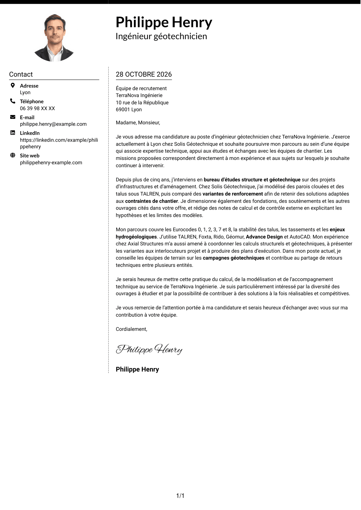 Lettre de motivation Moderne (format à deux colonnes avec photo à gauche et séparateur) : Ingénieur géotechnicien - Calcul et modélisation géotechniques, page 1