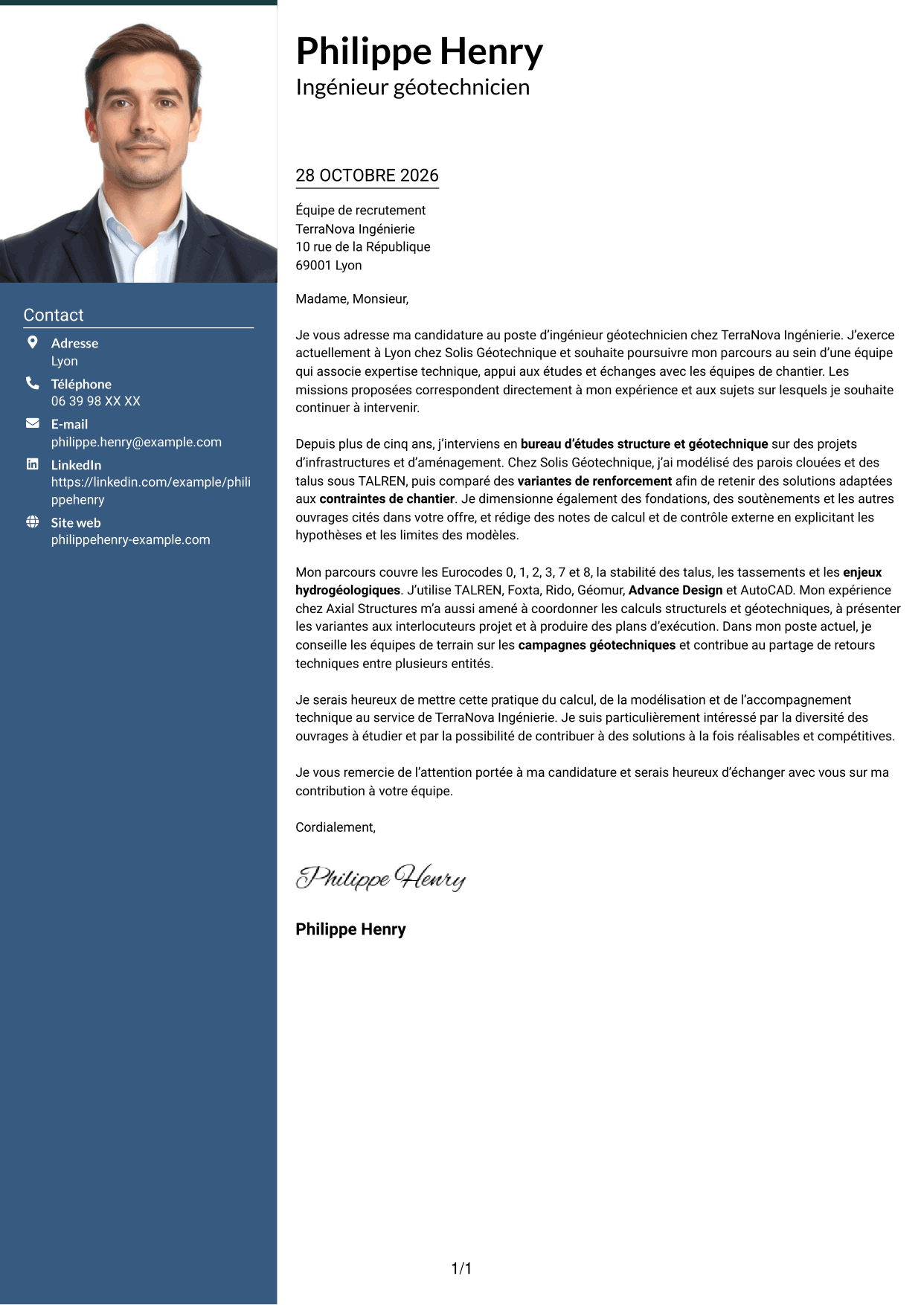 Lettre de motivation Signature (format à colonne latérale colorée avec grande photo) : Ingénieur géotechnicien - Calcul et modélisation géotechniques, page 1