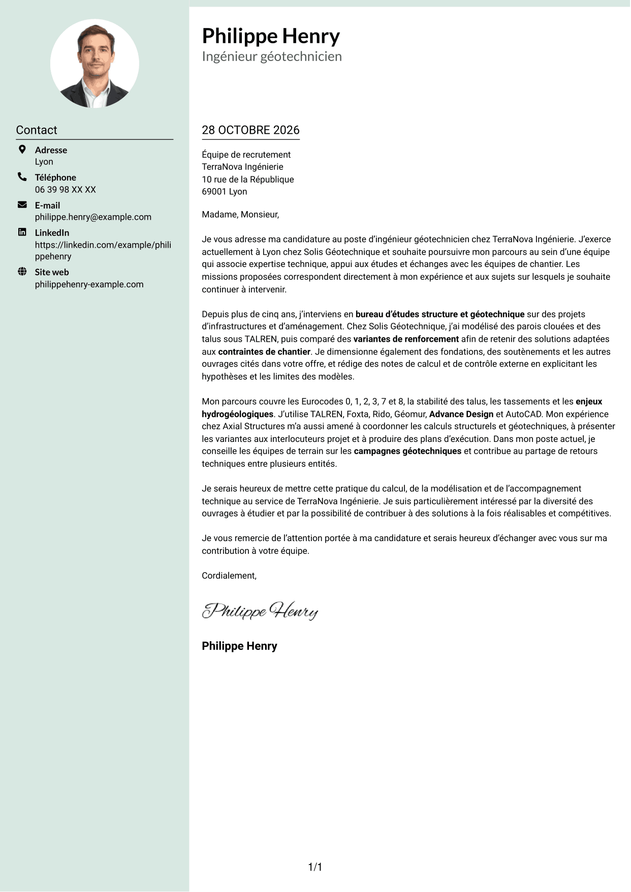 Lettre de motivation Cadre (format à colonne latérale douce avec photo arrondie) : Ingénieur géotechnicien - Calcul et modélisation géotechniques, page 1
