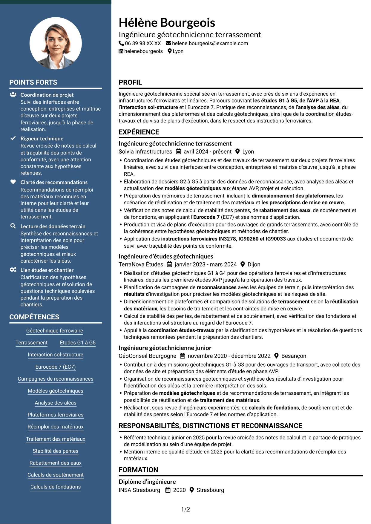 CV Élégant (format à colonne latérale colorée avec photo) : Ingénieur Géotechnicien - Terrassement, page 1