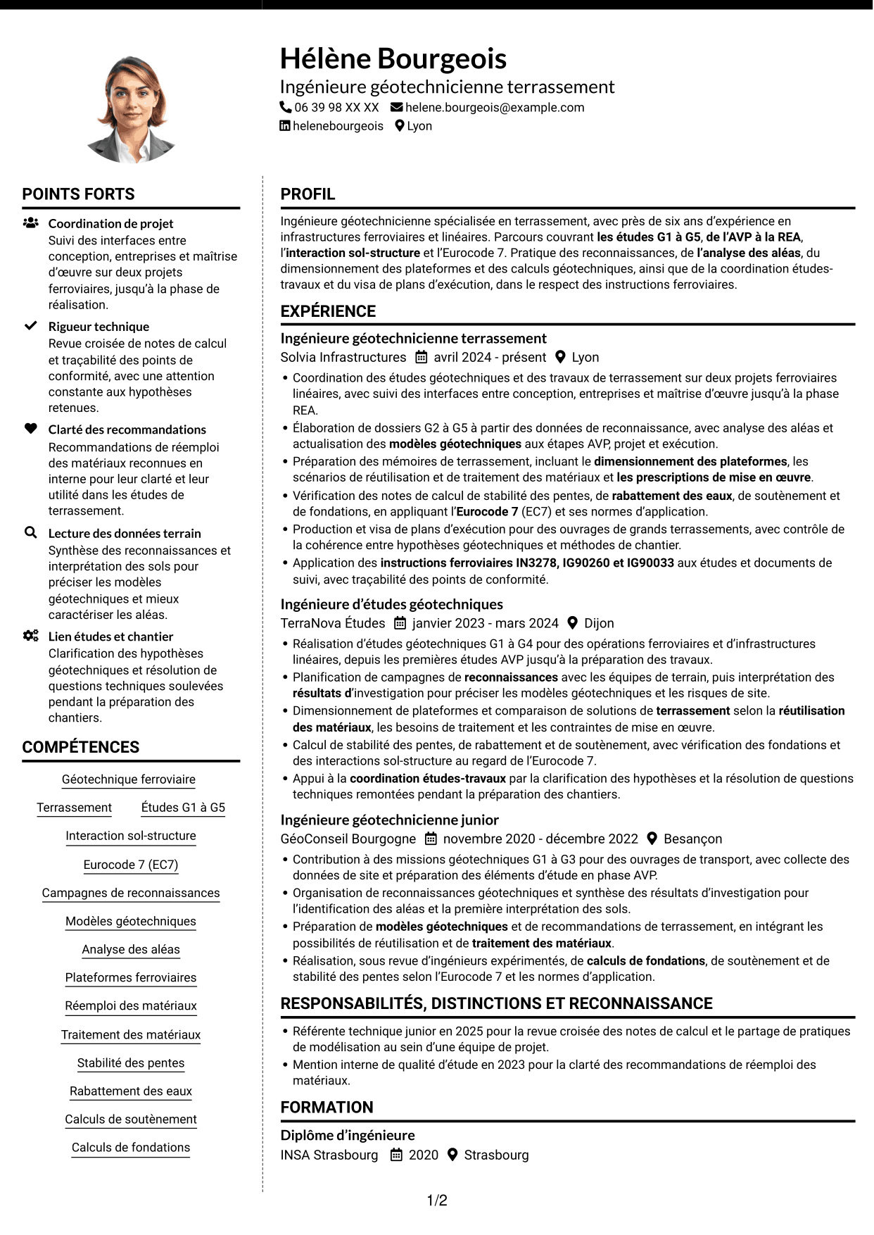 CV Moderne (format à deux colonnes avec photo à gauche et séparateur) : Ingénieur Géotechnicien - Terrassement, page 1