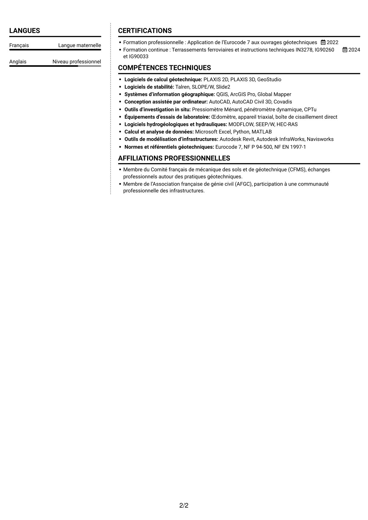 CV Moderne (format à deux colonnes avec photo à gauche et séparateur) : Ingénieur Géotechnicien - Terrassement, page 2