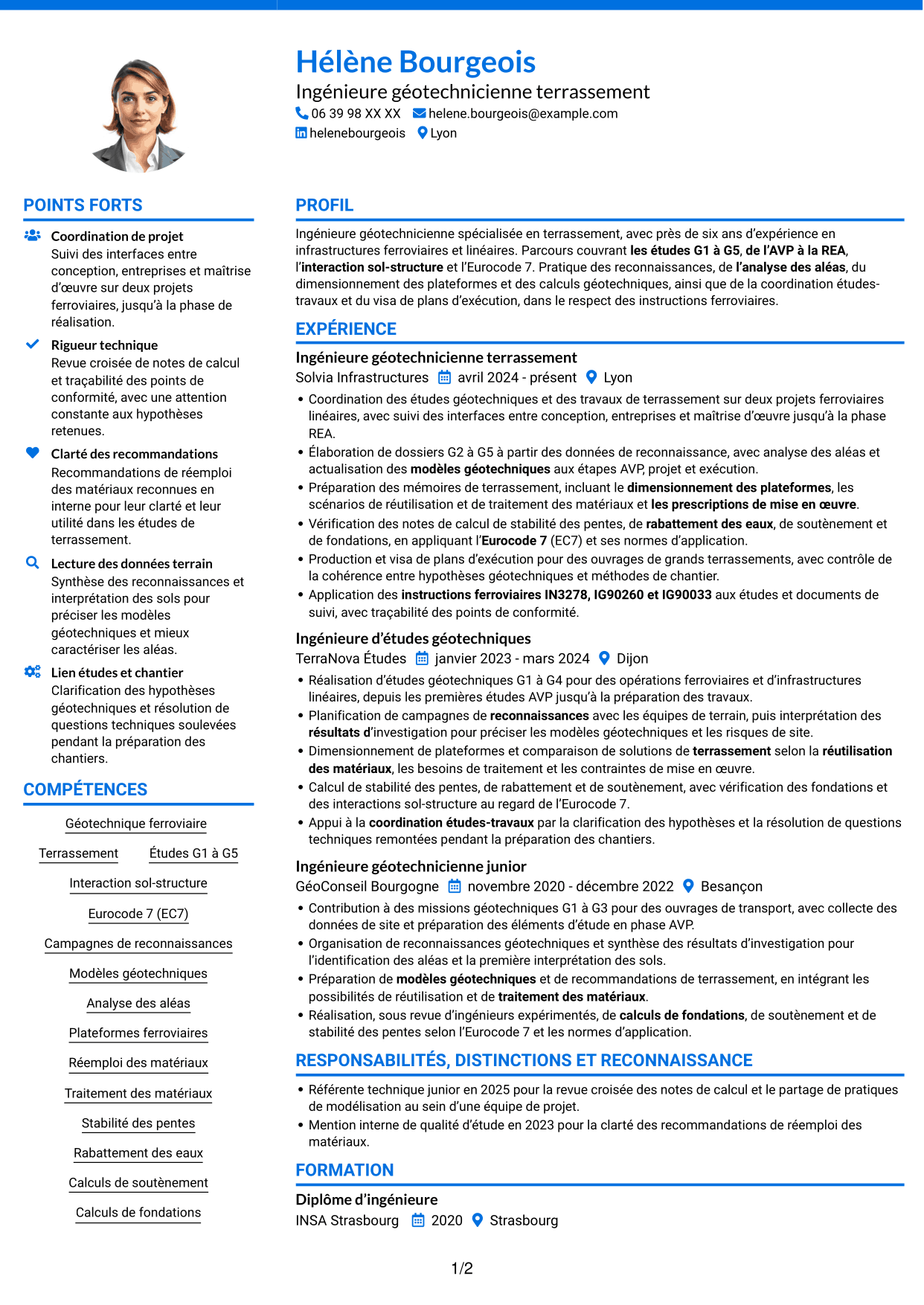 CV Audacieux (format à deux colonnes avec accents colorés et photo) : Ingénieur Géotechnicien - Terrassement, page 1