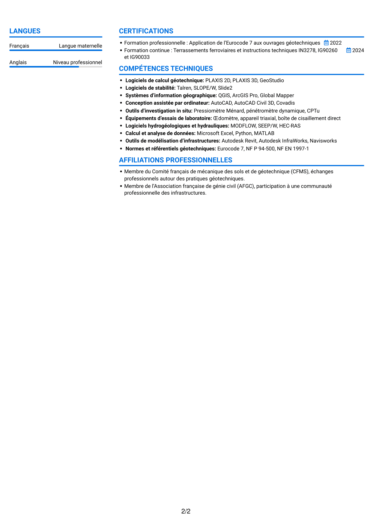 CV Audacieux (format à deux colonnes avec accents colorés et photo) : Ingénieur Géotechnicien - Terrassement, page 2
