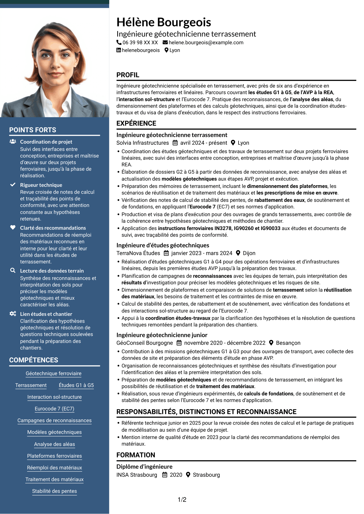 CV Signature (format à colonne latérale colorée avec grande photo) : Ingénieur Géotechnicien - Terrassement, page 1