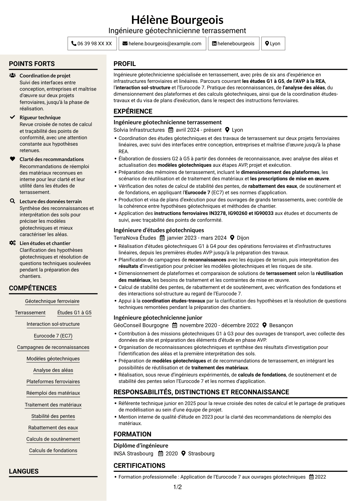 CV Fonceur (format à deux colonnes avec en-tête centré sans photo) : Ingénieur Géotechnicien - Terrassement, page 1