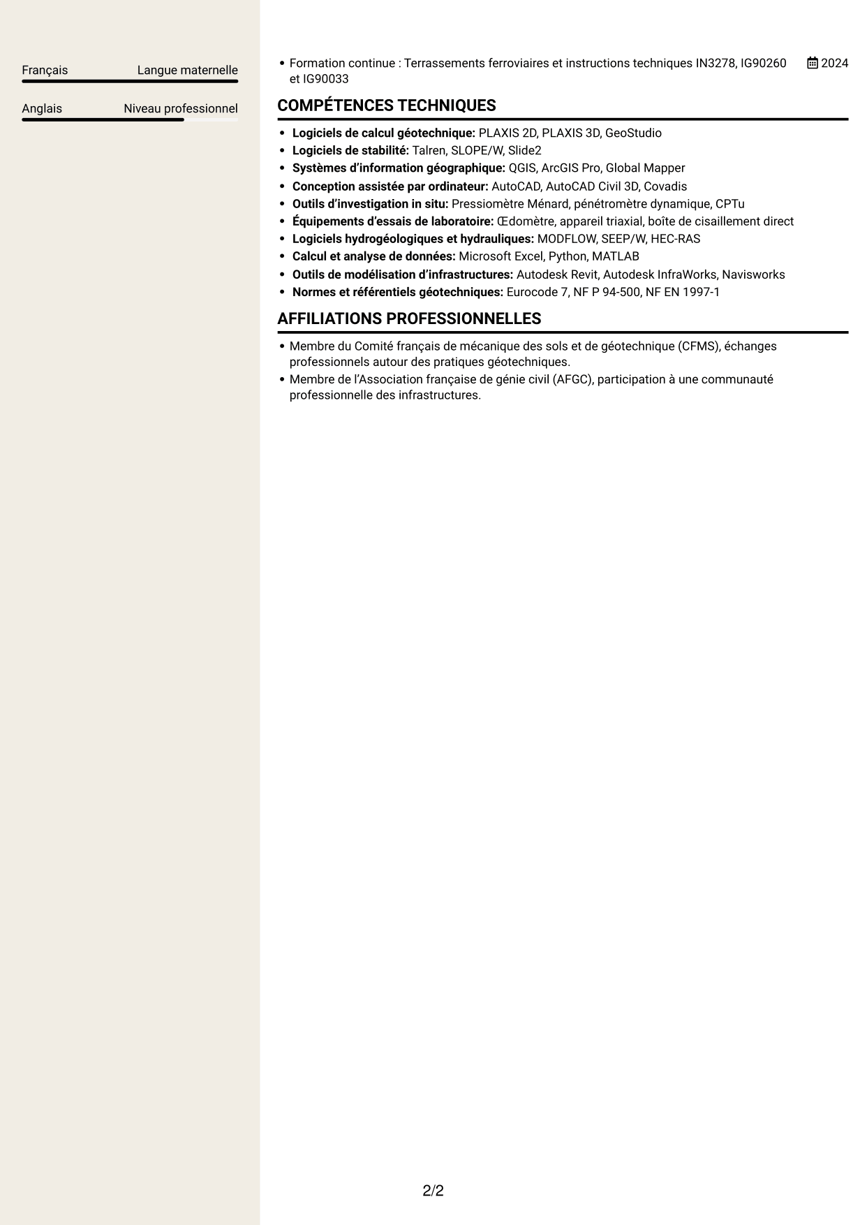 CV Fonceur (format à deux colonnes avec en-tête centré sans photo) : Ingénieur Géotechnicien - Terrassement, page 2