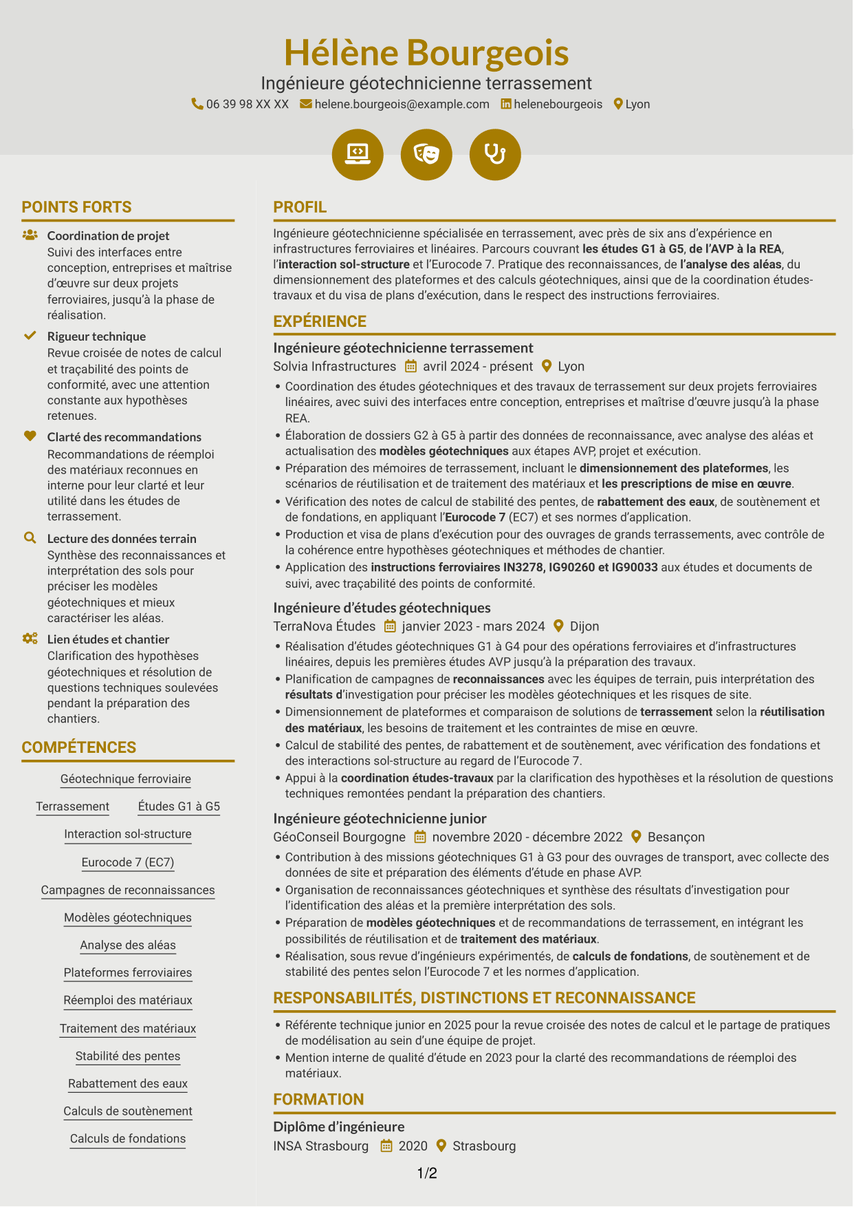 CV Dynamique (format à deux colonnes avec icônes) : Ingénieur Géotechnicien - Terrassement, page 1