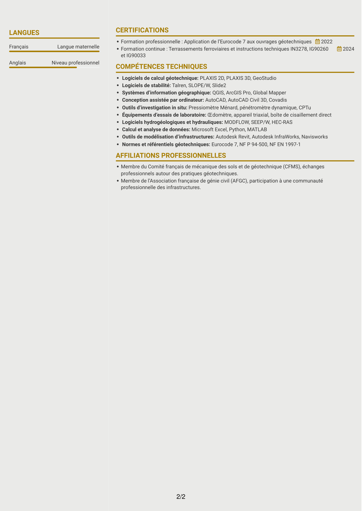 CV Dynamique (format à deux colonnes avec icônes) : Ingénieur Géotechnicien - Terrassement, page 2