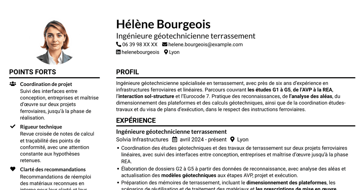 7 modèles de CV pour Ingénieur Géotechnicien - Terrassement, avec exemples
