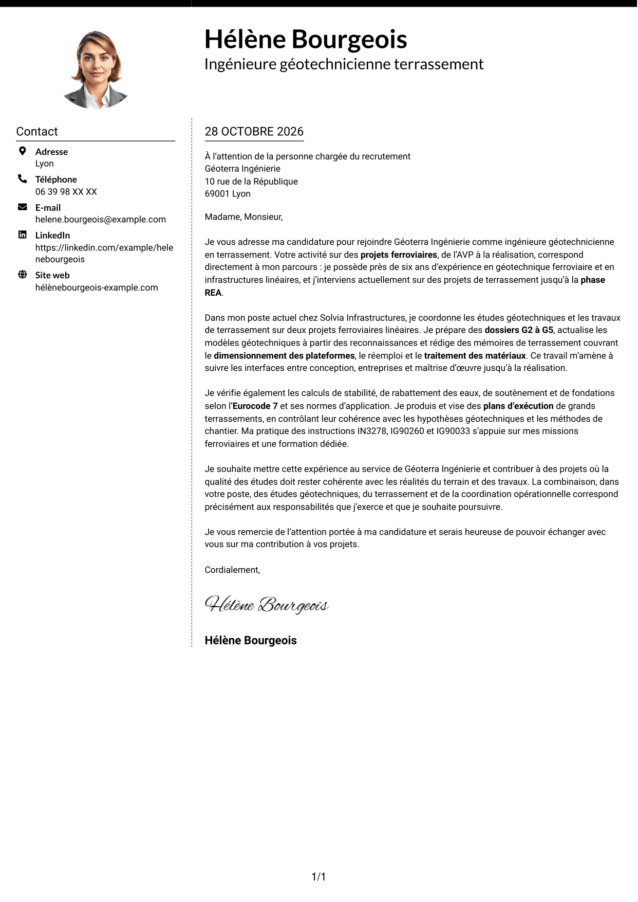 Lettre de motivation Moderne (format à deux colonnes avec photo à gauche et séparateur) : Ingénieur Géotechnicien - Terrassement, page 1