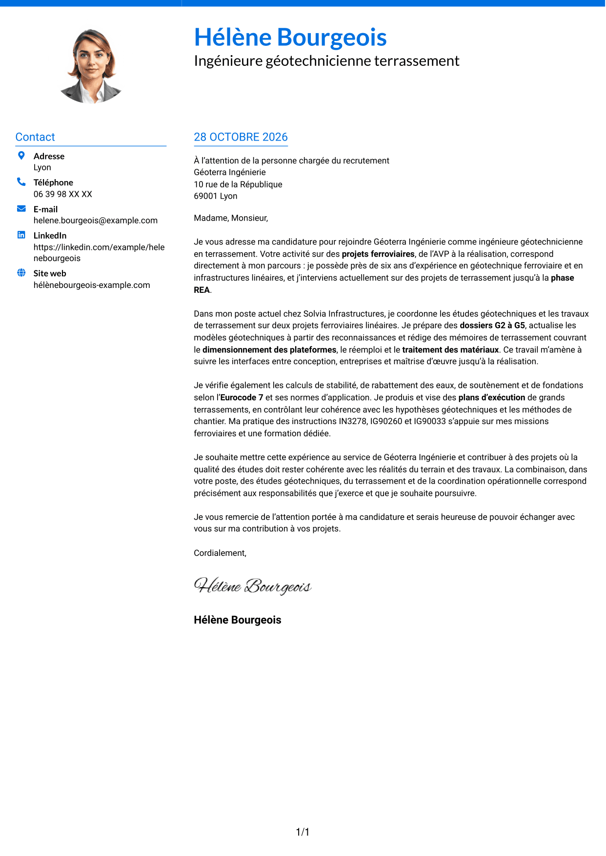 Lettre de motivation Audacieux (format à deux colonnes avec accents colorés et photo) : Ingénieur Géotechnicien - Terrassement, page 1