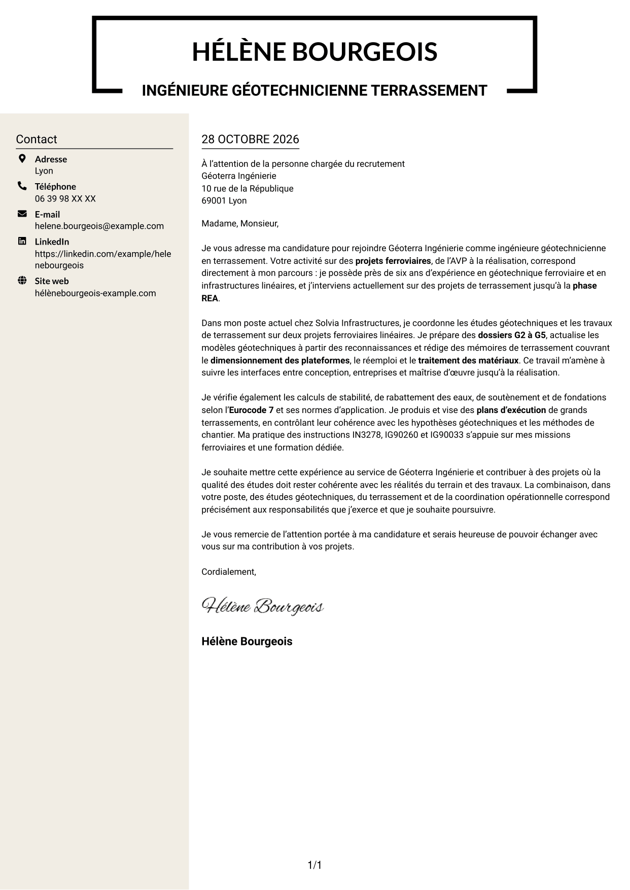 Lettre de motivation Fonceur (format à deux colonnes avec en-tête centré sans photo) : Ingénieur Géotechnicien - Terrassement, page 1
