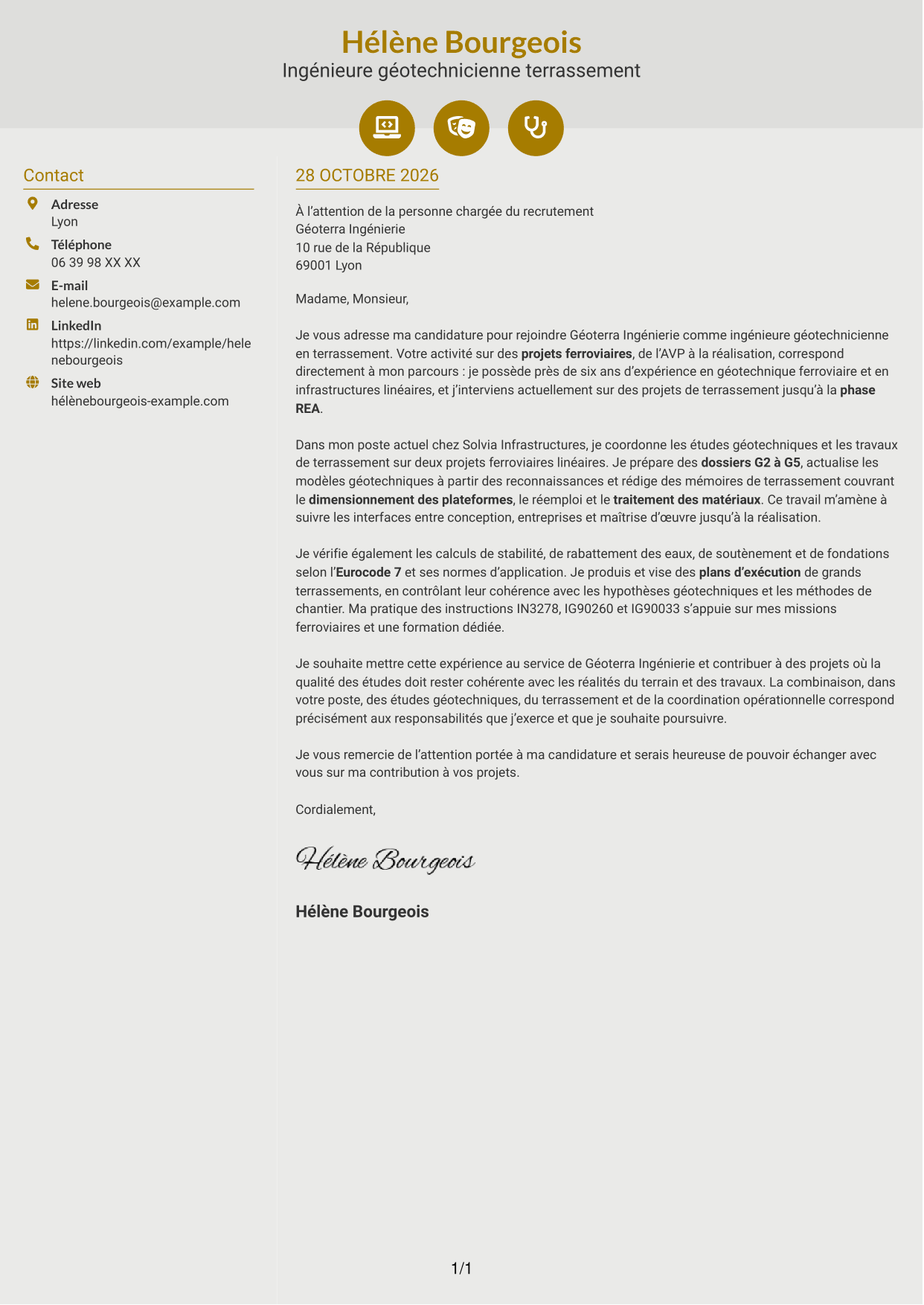 Lettre de motivation Dynamique (format à deux colonnes avec icônes) : Ingénieur Géotechnicien - Terrassement, page 1